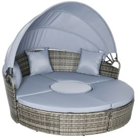 4pc Rattan Patio Furniture Set, Convertible Round Daybed/Sunbed, Adjustable Sun Canopy, Sectional Sofa, 2 Chairs, Table