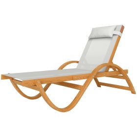 Larch Wood Lounge Chair, 4-Level Adjustable Tanning Chair, Full Flat Patio Lounger with Mesh Seat, Cream White