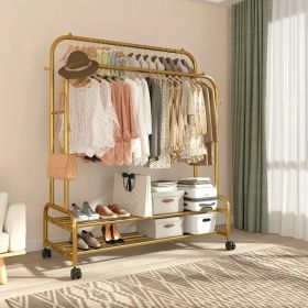 Sturdy Metal Double Rod Garment Rack with Wheels Portable Clothes Rack with Shelves and Hooks Heavy Duty Hanging Organizer for Clothes Bedroom La
