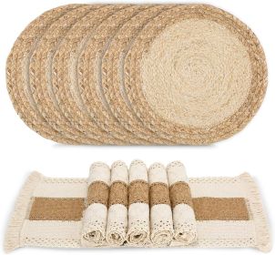Handmade Boho Placemats Set of 6 - Natural Cotton Burlap and Water Straw Woven Combination Table Mats, Macrame Décor and Farmhouse Style Placemat