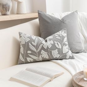 BlissBlush Grey Velvet Decorative Lumbar Throw Pillow Cover 12X20, Light Gray Floral Tufted Soft Farmhouse Textured Pillowcase