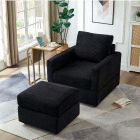Classic Corduroy Chaise Lounge, Comfy Sofa Chaise Couch Chair, Upholstered Accent Chair with Ottoman for Living Room - Black