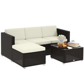 3 Pieces Patio Furniture Set with Cushions, Outdoor PE Rattan Wicker Conversation Corner Sofa Set with Glass Top Table and Adjustable Foot for Ga