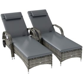 2 Reclining Chaise Lounge Chairs, Rolling Outdoor Chairs With Cushion, Pillow, Headrest, Armrests, And Wheels, Gray (Option: GRAY)