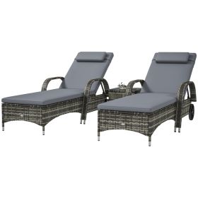 Patio Wicker Chaise Lounge Chair Set Of 2 With Table, Adjustable Backrest, Wheels, Cushion & Headrest, Gray (Option: GRAY)