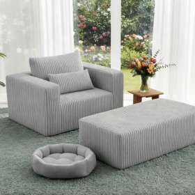 Compressed Lounge Chair with Ottoman, Oversized Corduroy Sofa, Vacuum Packed for Easy Shipping, No Assembly Required (Color: Smoke-Grey)