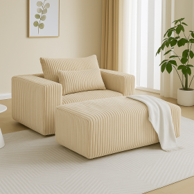 Compressed Lounge Chair with Ottoman, Oversized Corduroy Sofa, Vacuum Packed for Easy Shipping, No Assembly Required (Color: Beige)