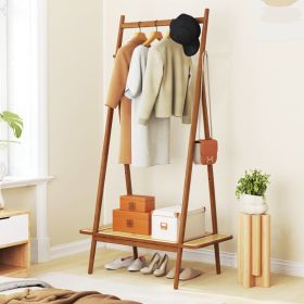 Bamboo Clothes Rack with Hanging Rod Rattan Shelf and Copper Hooks (Color: Brown)