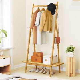 Bamboo Clothes Rack with Hanging Rod Rattan Shelf and Copper Hooks (Color: Natural)