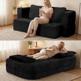 Convertible Sofa Bed with Blanket, Boneless Cloud Couch Queen Scott Fabric for Living Room Bedroom (Color: Black)
